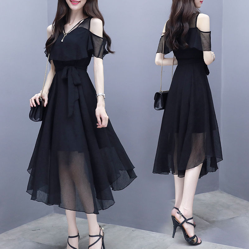 Medium length slim chiffon dress women's summer new Korean version celebrity temperament fashion off shoulder skirt women's wear