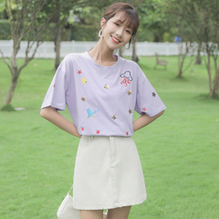 實拍小視頻大碼女裝刺繡亮片網紅學生寬鬆短袖恤女棉