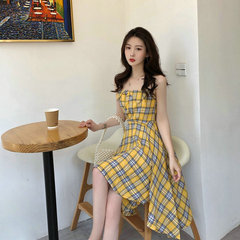 Mini sister Plaid suspender skirt new dress women's Off Shoulder Waist slim skirt in spring and summer
