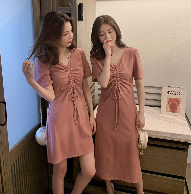 Best friend fitting V-neck drawstring student dress 2021 summer new Korean solid versatile T-shirt skirt