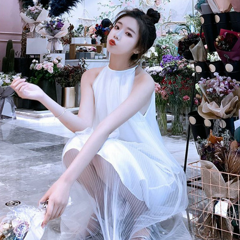 Summer new French girl versatile fashion retro personality bow neck dress