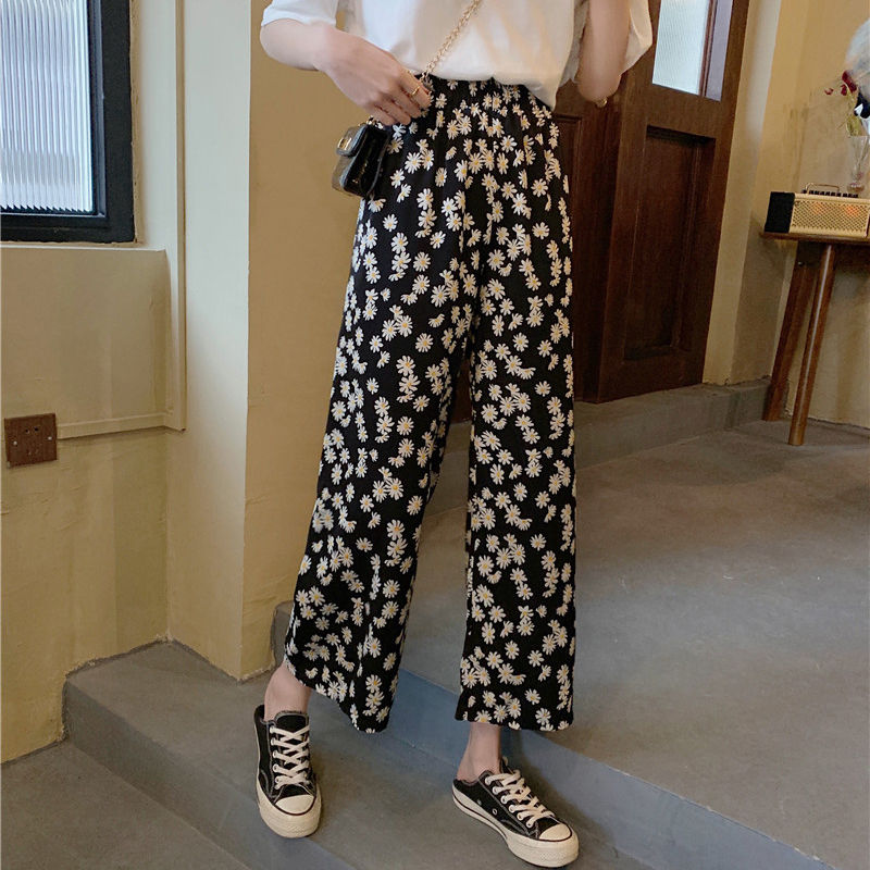 Pants new style small daisy print Capri casual pants women's summer high waist straight tube drop feeling show thin wide leg pants tide