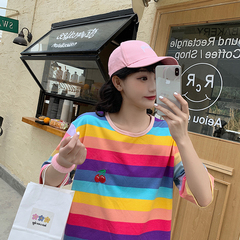 Real shot net red Korean version loose Rainbow Stripe embroidery versatile short sleeve T-shirt