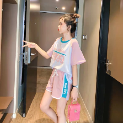 抖音熱賣網紅兩件套時尚套裝女學生韓版寬鬆夏裝新款短袖恤