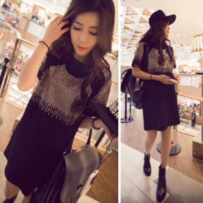 Europe station summer new tassel gilded loose medium length short sleeve T-shirt blouse half sleeve T-shirt fashion