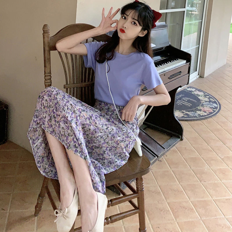 Summer classic floral half length skirt word high waist mid length cover hip show thin purple medieval oil painting skirt female