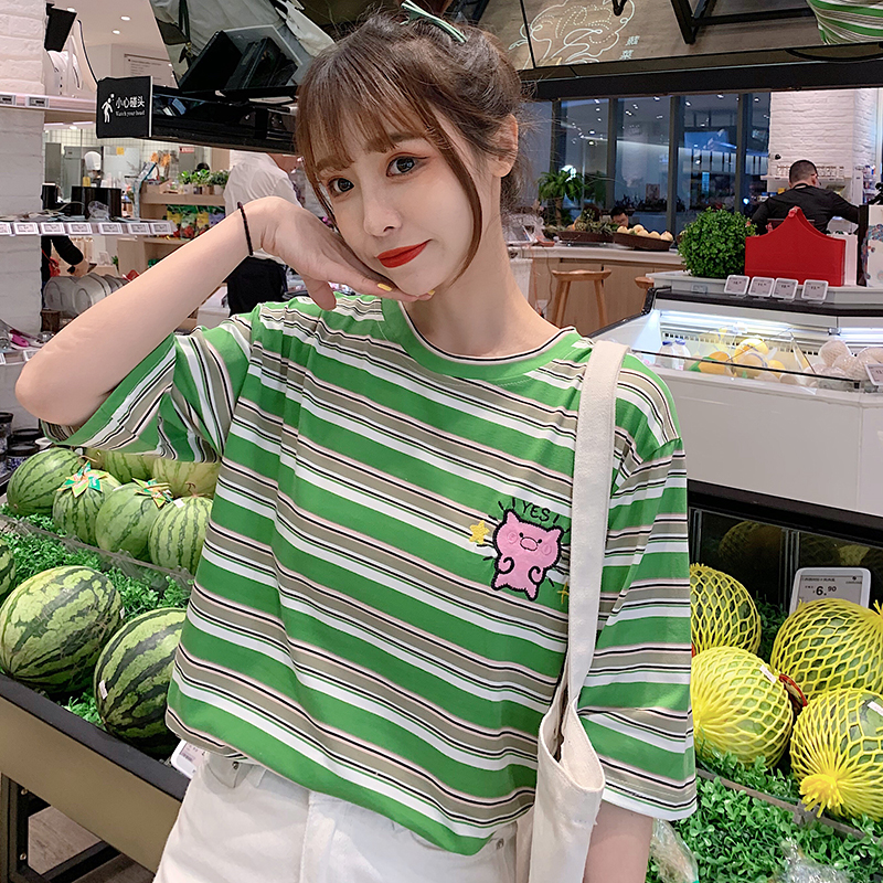 Real shot loose stripe embroidery short sleeve T-shirt retro casual top women's chaoke double mill