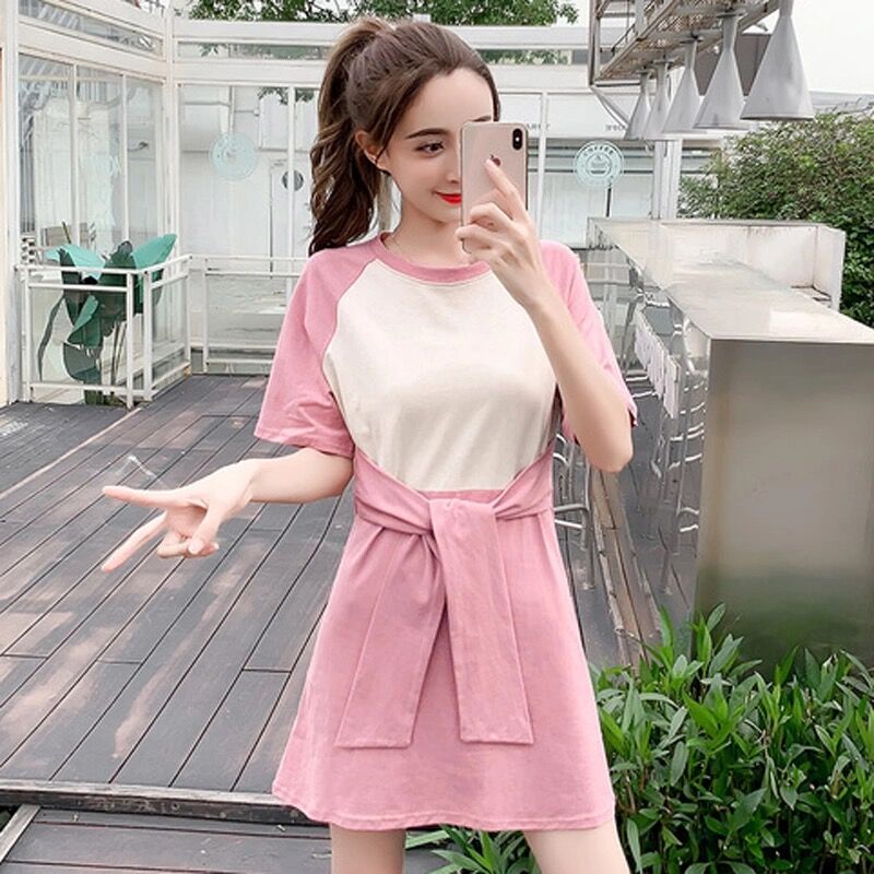 Summer new Korean fashion large size medium length color contrast dress women's waist strap short sleeve T-shirt skirt