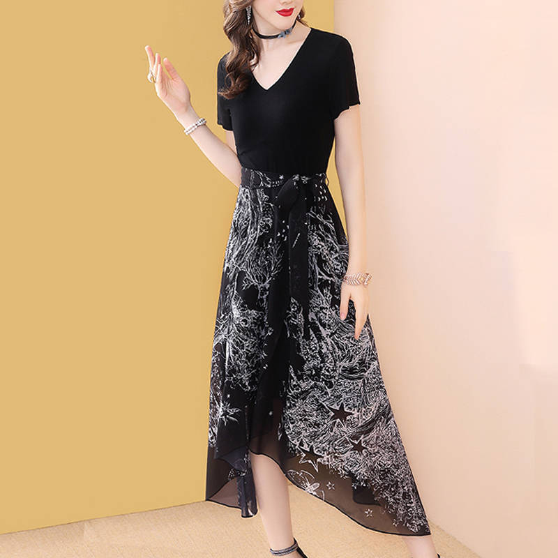 Summer new style women's dress temperament waist show thin dress women's popular ice silk long skirt large women's skirt