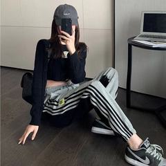 前後拼接拼色褲子女裝春秋季運動休閒束腳衛褲潮