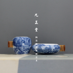 九正堂手绘鸟罐 青花重工山水 枣子杯 绣眼两件套 安装三丝明镶头