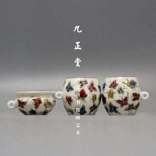 九正堂手绘鸟食罐 像牙瓷 描金口 粉彩百蝶腰鼓杯 绣眼三件套鸟杯