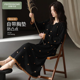 带胸垫黑睡衣女款 芬腾可安睡裙女款 纯棉长袖 冬高级感秋季 2026新款
