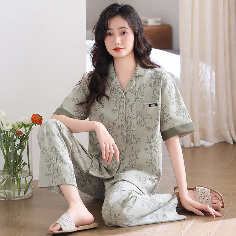 纯棉开衫夏季女士短袖家居服
