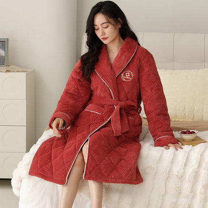 睡袍秋冬款女珊瑚绒三层夹棉加绒加厚冬天睡袍乖巧家居服女款冬季