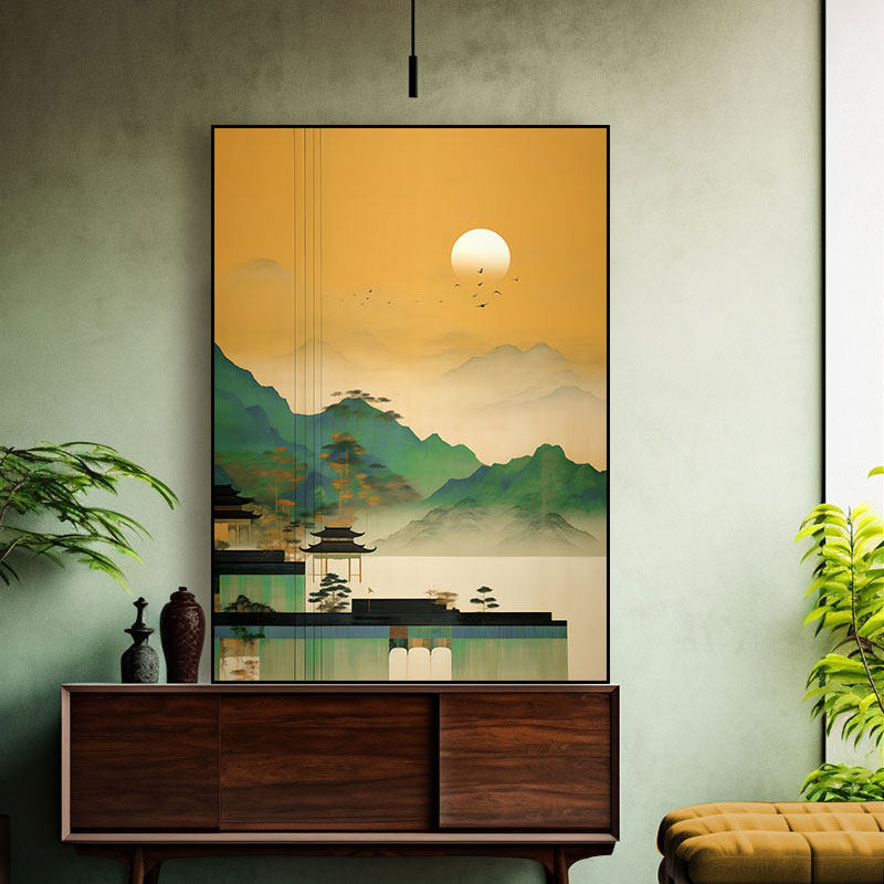 青山绿水古韵装饰画新中式软装壁画古建筑家居装饰挂画写意水墨画