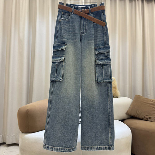 大码高街工装阔腿牛仔裤女显瘦