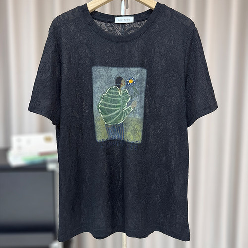 大码蕾丝提花短袖T恤女夏