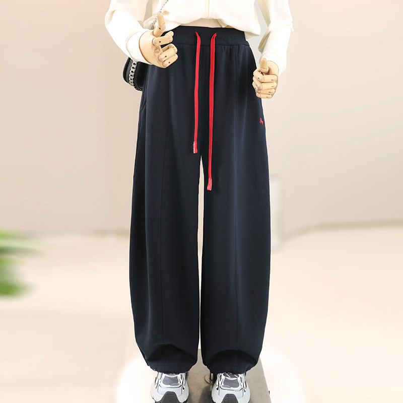 zaw大码女装小马刺绣阔腿卫裤梨形身材显瘦胖mm高腰垂感休闲长裤