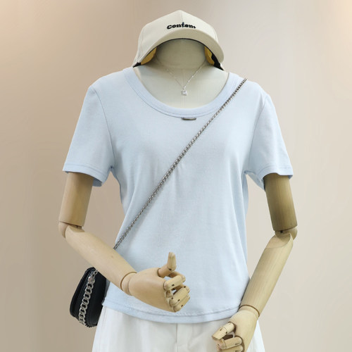 大码U领正肩显瘦纯色短袖T恤女夏