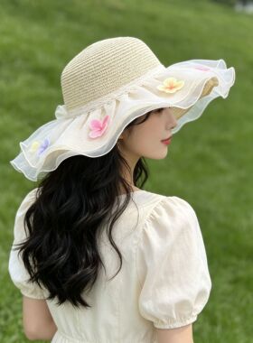 2026新款草帽韩版lolita装扮立体花朵装饰草帽度假风旅游沙滩户外