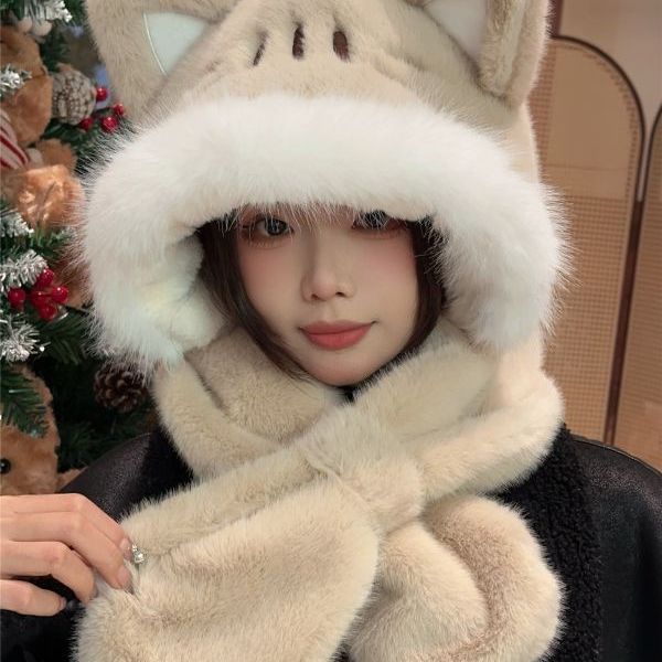 猫咪耳朵毛绒帽子围巾一体冬季保暖防风防寒可爱雷锋大头护耳女款