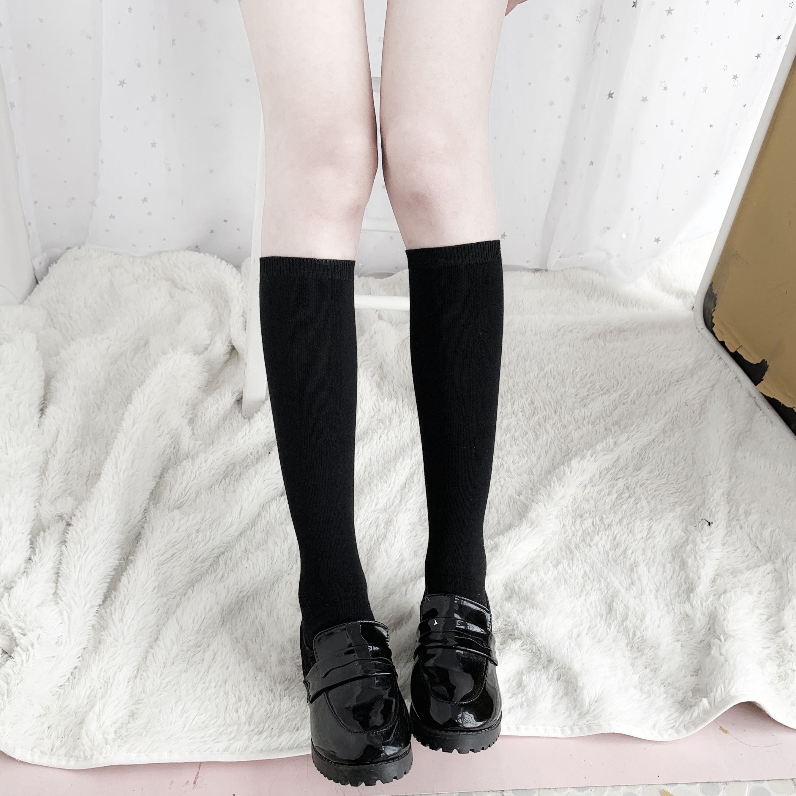 春夏秋日系jk制服袜子过膝袜女学生黑白色小腿袜中筒袜棉袜