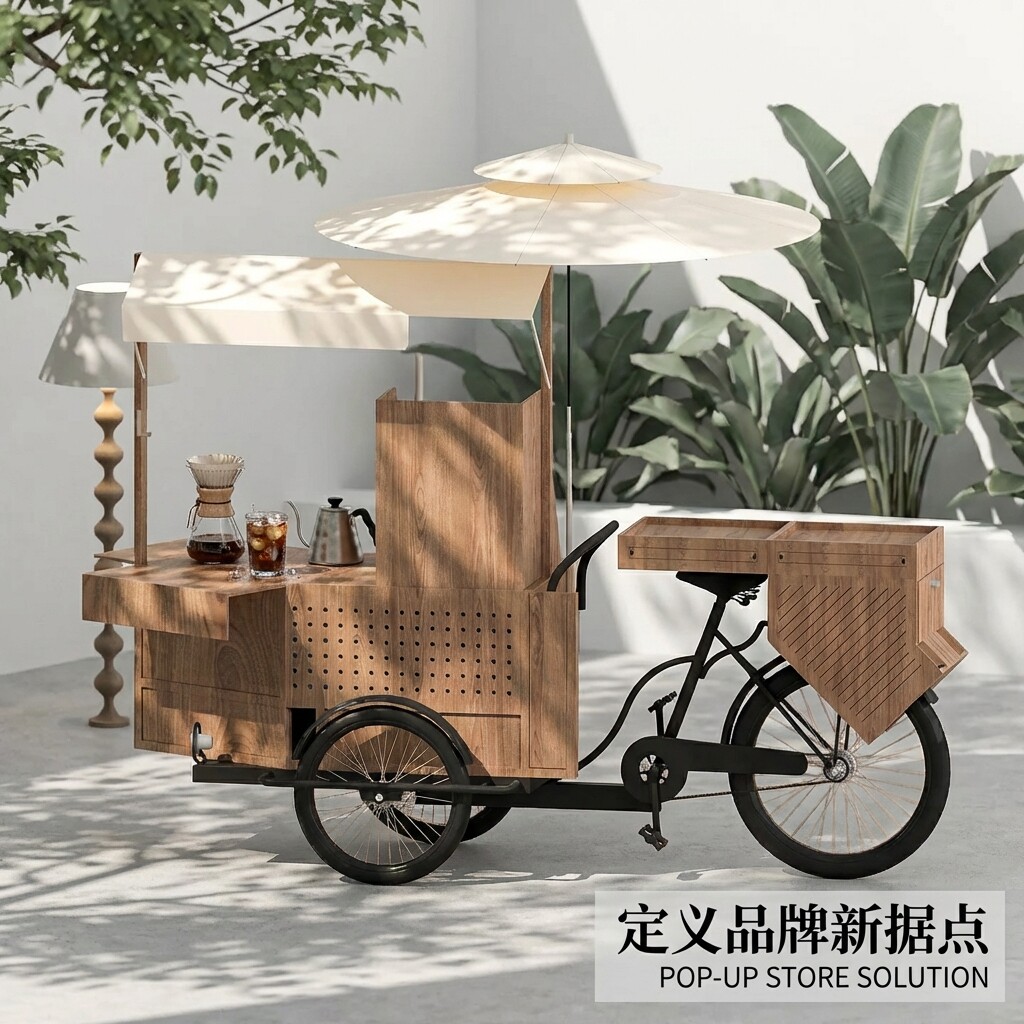 移动木质带轮遮阳多功能小吃车