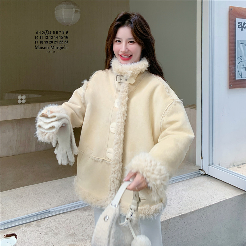有货~黄色立领保暖皮毛一体外套2C118-M865-P195-K288，女装皮草，2C118
