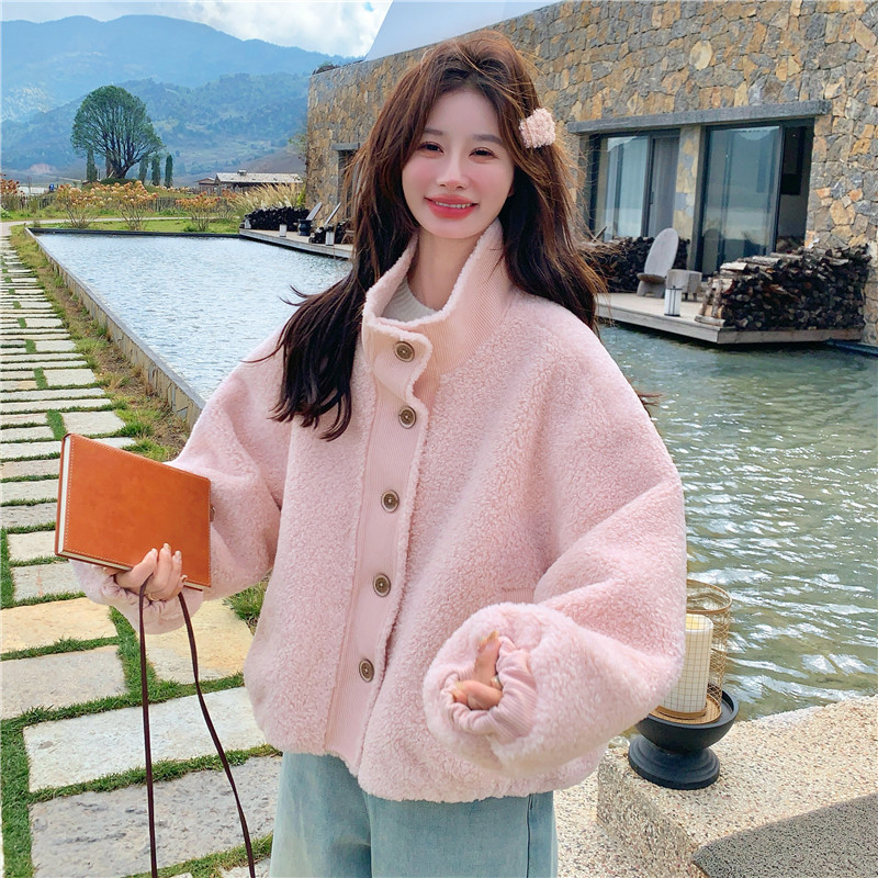 数据好大货~粉色立领拼接皮毛一体羊羔毛外套2C118-M863-P180K268，女装皮草，2C118