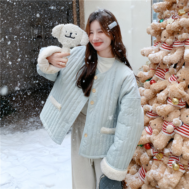 有货~浅蓝色羊羔毛派克服加厚棉服2C118-M868-P215-控318，女装短外套，2C118