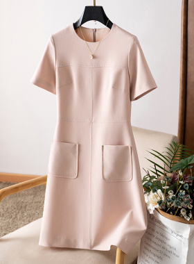端庄优雅珠针线醋酸气质圆领短袖简约大口袋连衣裙高级感中裙春夏
