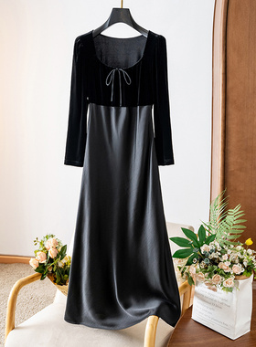 奢华用料！真丝丝绒拼醋酸方领系带蝴蝶结连衣裙显瘦长袖小黑裙秋