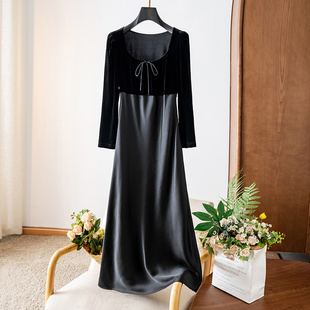 奢华用料 小黑裙秋 真丝丝绒拼醋酸方领系带蝴蝶结连衣裙显瘦长袖