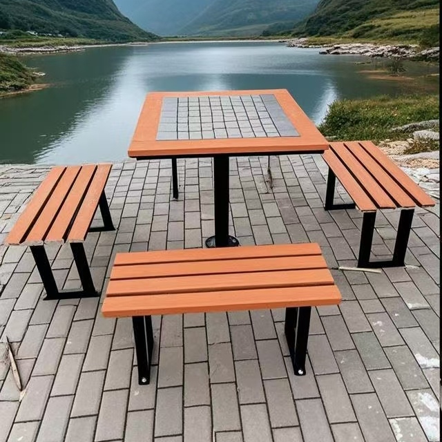 公园桌椅户外防水桌子塑木不锈钢椅创意休闲连体组合桌庭院棋盘桌