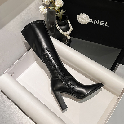 康莉达粗跟方头长靴骑士靴