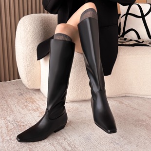 康莉达低中粗跟及膝长靴女2025新款 胖妹mm高宽筒长筒靴方头骑士靴
