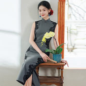 国风新中式 女高级感礼服夏季 长款 2026新款 旗袍改良年轻款 灰色无袖