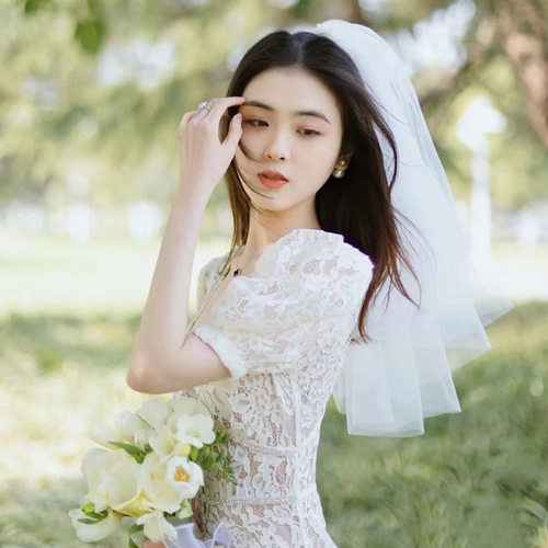 登记领证小头纱法式头饰品简约短款双层新娘结婚拍照白色婚纱发夹