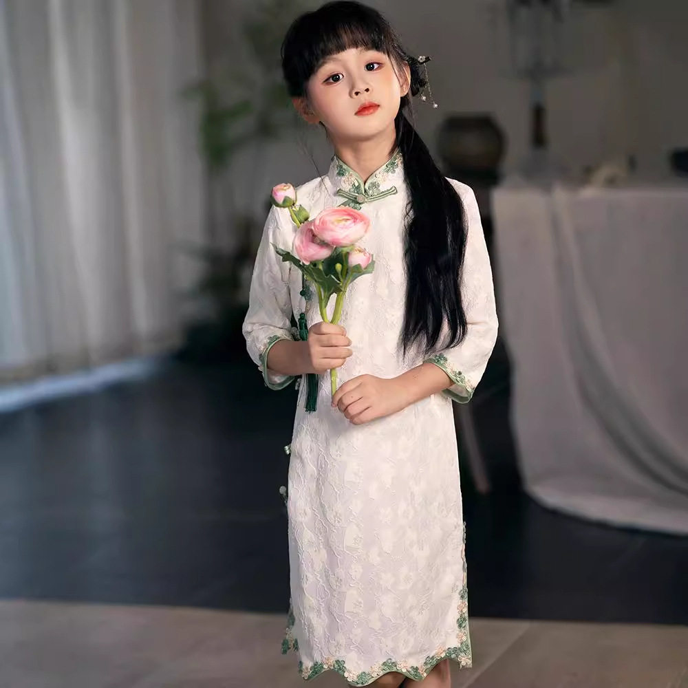 儿童旗袍女童中国风蕾丝唐装小女孩古风改良大童连衣裙民国风