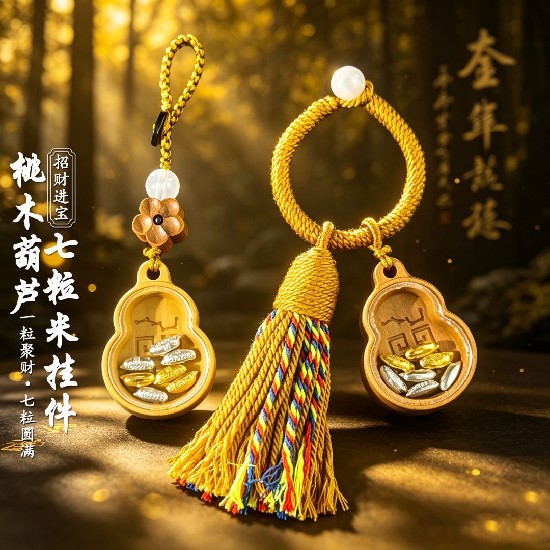 普陀山七粒米金木雕吉祥钥匙扣