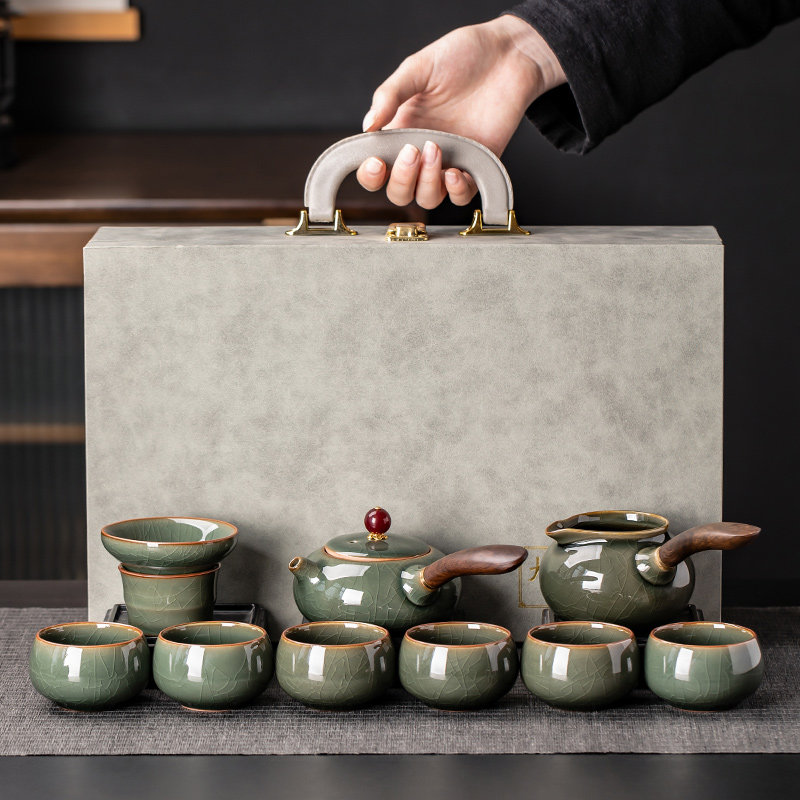 瓷牌茗哥窑功夫泡茶壶茶具防烫侧把壶盖碗茶杯茶盘整套高档礼盒装