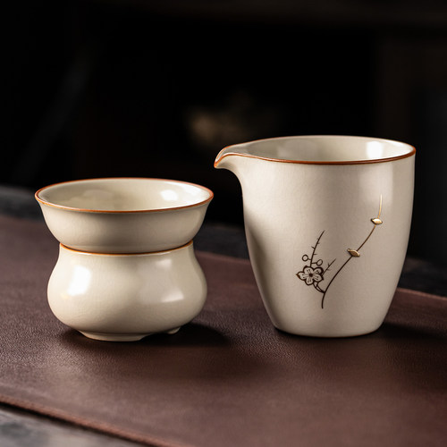 瓷牌茗米黄汝窑锔钉公道杯茶漏组