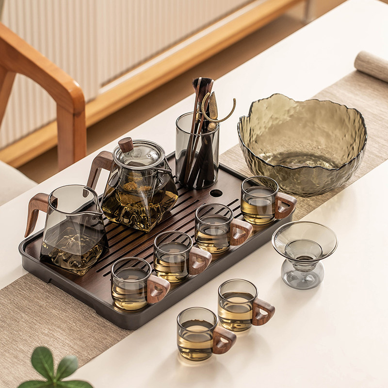 烟灰玻璃茶具套组家用功夫茶具办公室简约泡茶壶茶杯泡茶器喝茶具