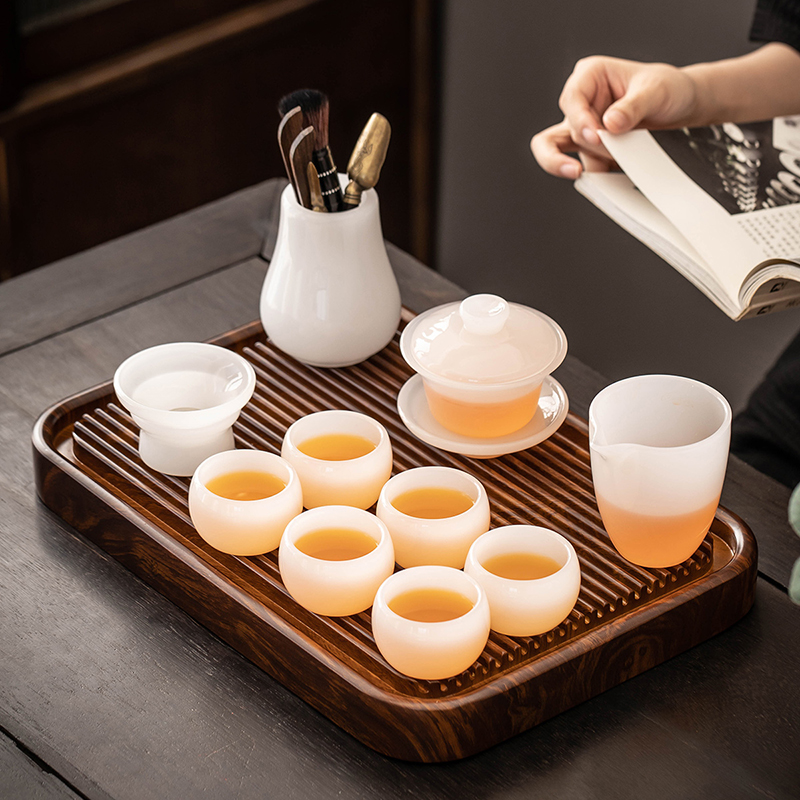 白玉琉璃茶具套装2023新款家用高档功夫泡茶杯玉瓷盖碗办公送礼盒