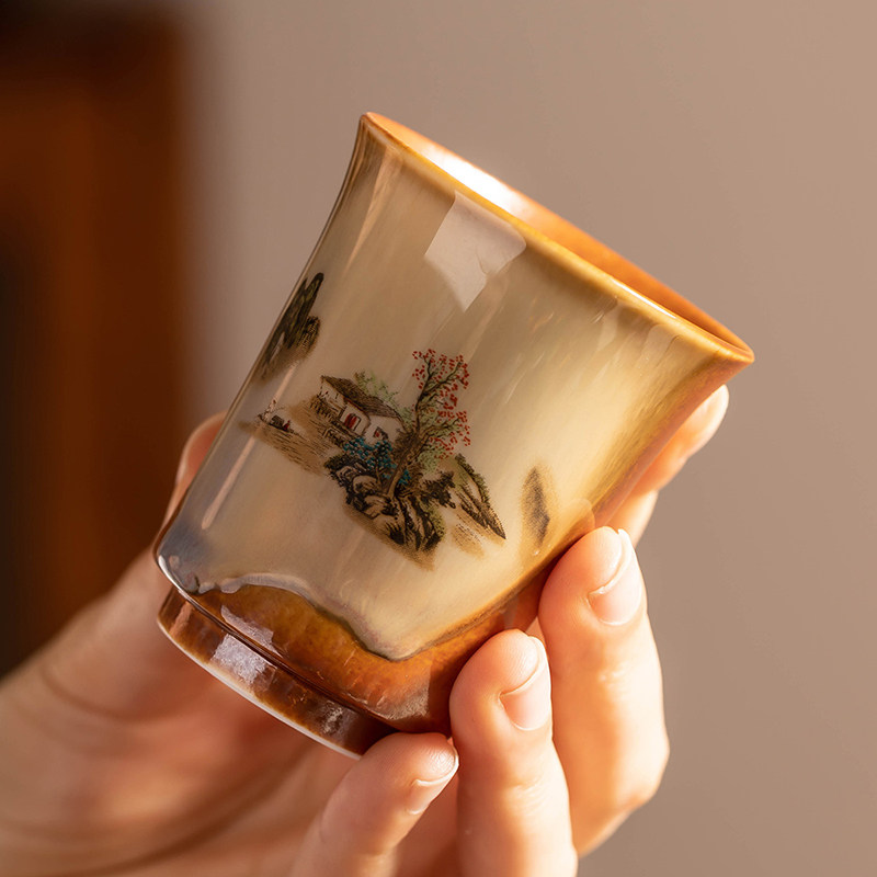 复古风柴烧主人杯中式功夫茶杯家用轻奢会客泡茶杯高端主人杯喝茶
