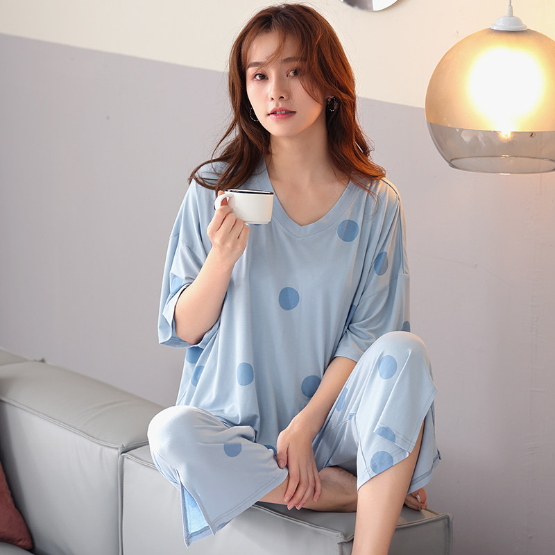 3睡衣女夏季中袖中裤七分裤莫代尔棉甜美清新气质网红可外穿家居服