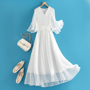 仙女长裙超仙桑蚕丝裙子潮 夏季 白色真丝连衣裙女长款 收腰2024新款