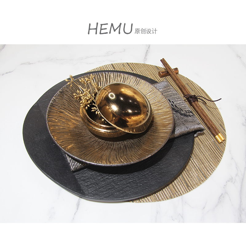 方长 原创现代新中式样板房间鎏金色意境餐具套装创意摆台碟碗盘