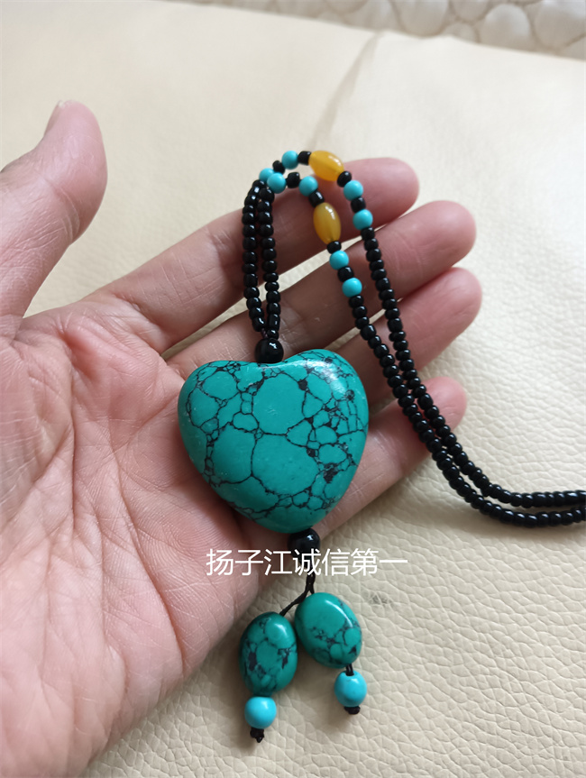 天然湖北原矿绿松石精雕心心相印挂件吊坠毛衣链项链玉石精品玉石